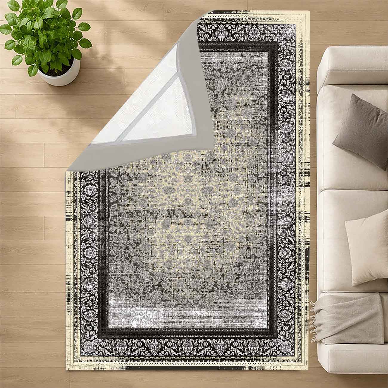 رومیزی و زیر سفره ای کلاسیک وینتیج با نقوش ختایی گلوبوته و رنگ کرم طوسی